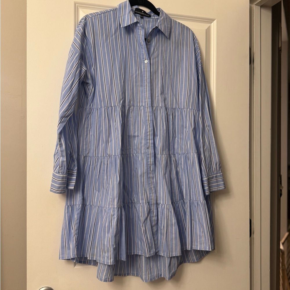 Pomander Place Blue and White Striped Tiered Shirt Dress